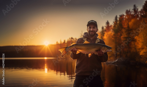 Proud bearded fisherman having glad expression catching big fish having successful day. Handsome male. going fishing bringing huge trout for supper. beautiful sunset by lake lake. Showing catch with  photo