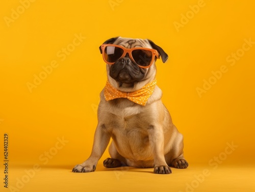 Photo of a stylish pug dog rocking sunglasses and a bow tie .generative ai © Superhero DriGGa