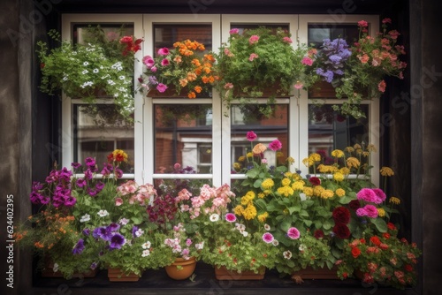 colorful window garden overflowing with blooms and greenery  created with generative ai