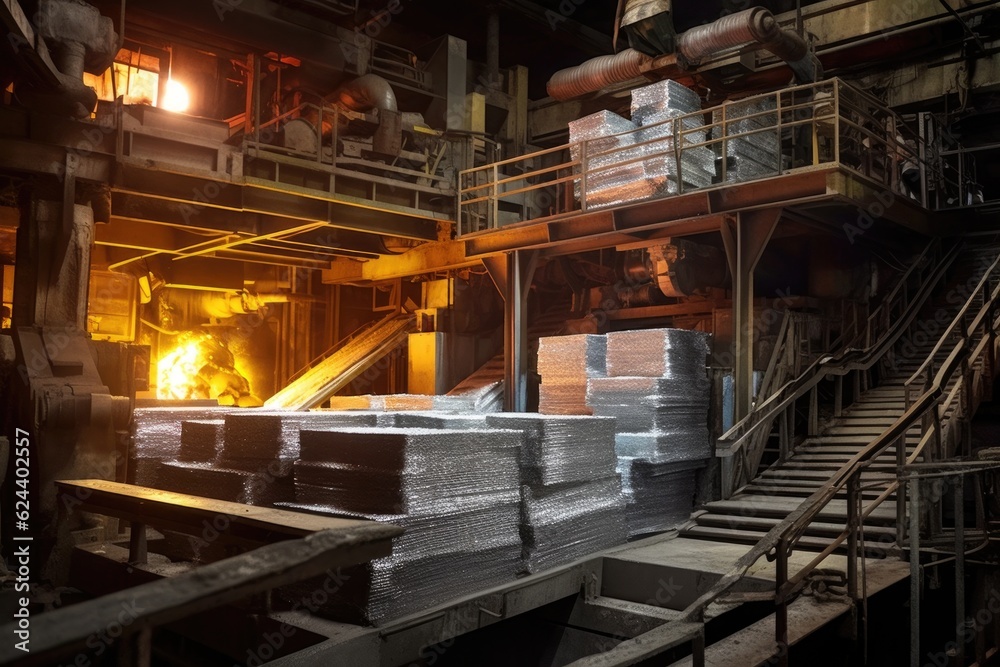 Fototapeta premium aluminum foil production line in motion, created with generative ai