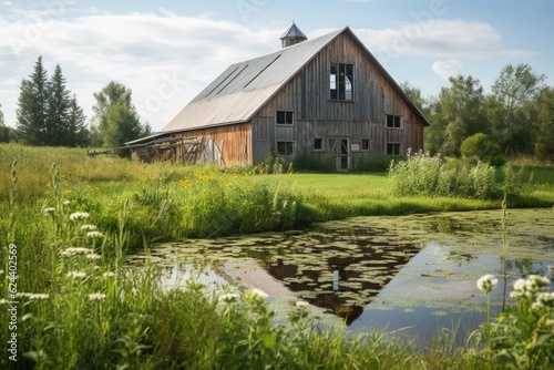 restored barn surrounded by lush green landscape, created with generative ai © Alfazet Chronicles