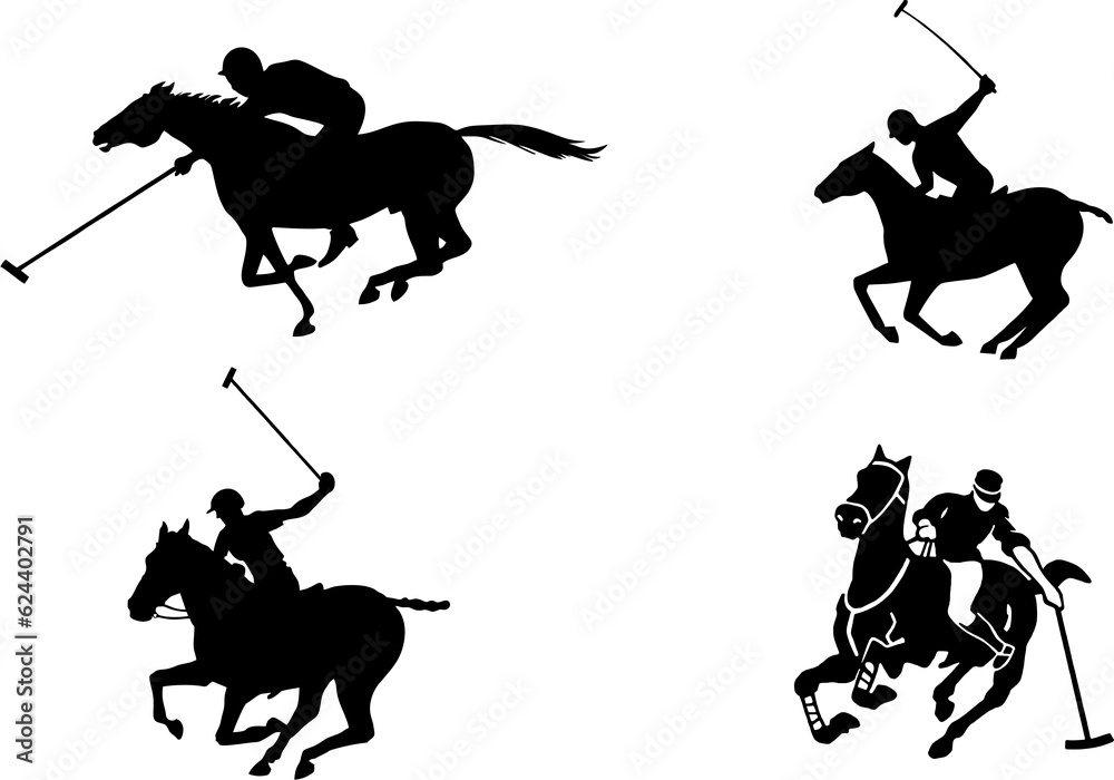 Polo silhouettes in high resolution. Horse polo, polo player on horses