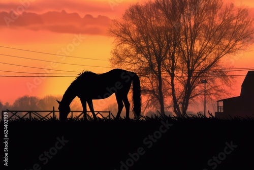 silhouette of horse eating hay at sunset, created with generative ai © Alfazet Chronicles