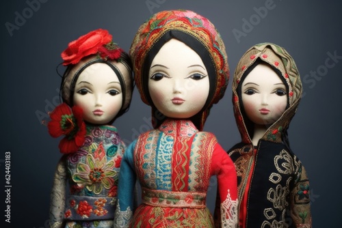 stuffed fabric dolls with intricate embroidery details, created with generative ai