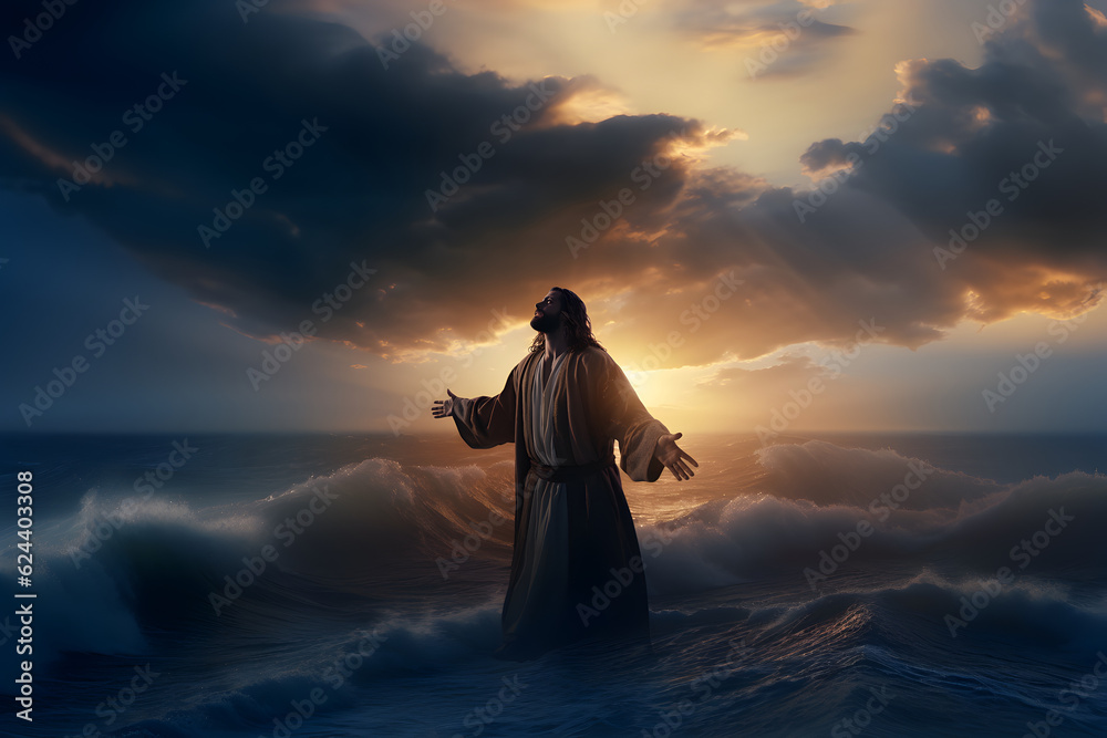 Jesus Christ walking on water during storm at sunset. AI generated