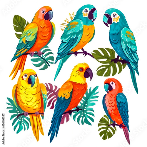 solated image of a set of parrots on branches on a white background close-up..Generative AI illustration