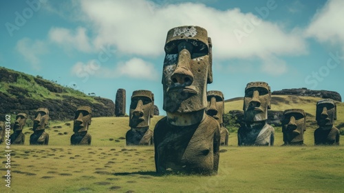Photo of a group of moai statues standing in a serene grassy field .generative ai