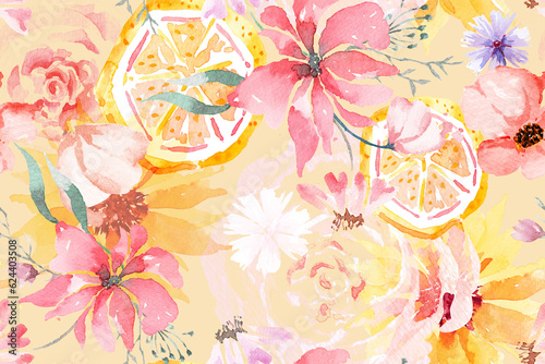 Flower seamless pattern with watercolor.Designed for fabric and wallpaper, vintage style.Blooming floral painting for summer.Abstract background.
