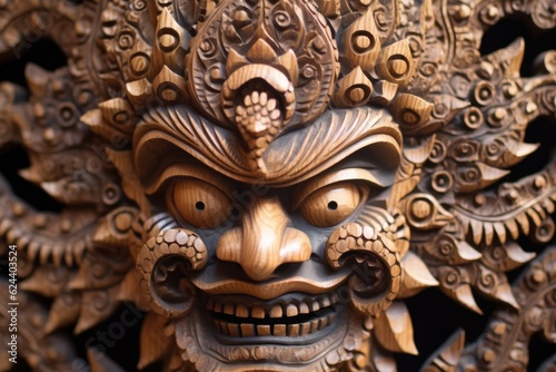 close-up of intricately carved balinese mask  created with generative ai