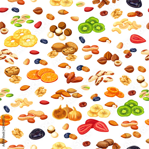 Seamless pattern with nuts and dried fruits.Vector illustration:walnuts,almonds,peanuts, Brazil nuts,cola nut,cashews, pistachios,hazelnuts, pecans,macadamia,dried apricots,kiwi,bananas,raisins, kiwi.