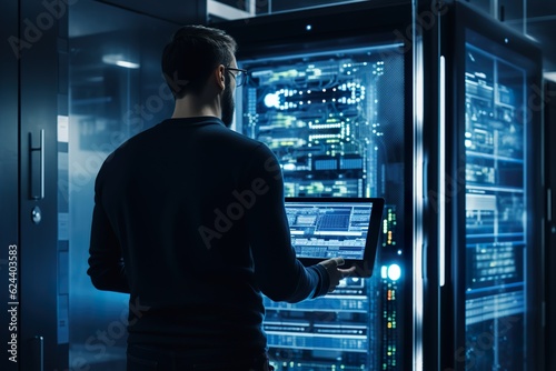 Successful people Data Center IT Specialist back view Using Tablet Computer, Turning Augmented VFX Visualization on Server Farm Cloud Computing Facility