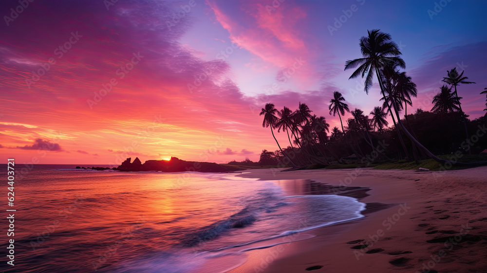 Paisaje de atardecer en una playa con palmeras y colores de tonos malvas y rosas.  Ilustracion de Ia generativa