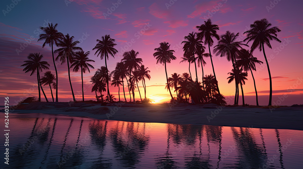 Obraz premium Paisaje de atardecer en una playa con palmeras y colores de tonos malvas y rosas. Ilustracion de Ia generativa