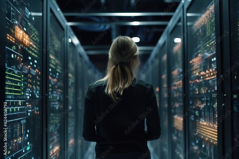 Successful people Data Center IT Specialist back view Using Tablet Computer, Turning Augmented VFX Visualization on Server Farm Cloud Computing Facility Successful people Data Center IT Specialist back view Using Tablet Computer, Turning Augmented VFX Visualization on Server Farm Cloud Computing Facility