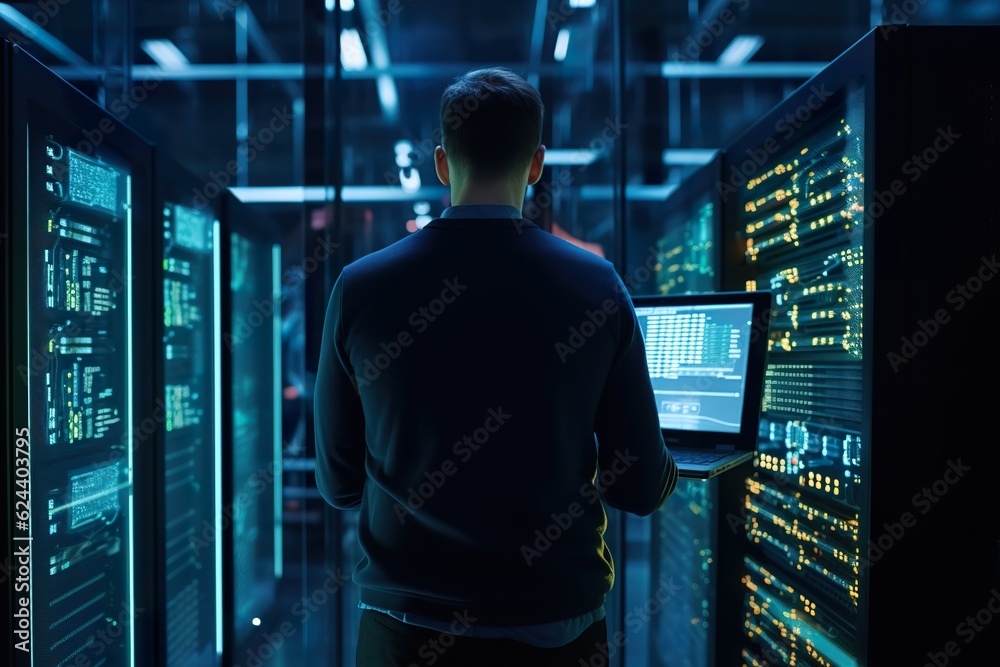 Successful people Data Center IT Specialist back view Using Tablet Computer, Turning Augmented VFX Visualization on Server Farm Cloud Computing Facility Successful people Data Center IT Specialist back view Using Tablet Computer, Turning Augmented VFX Visualization on Server Farm Cloud Computing Facility