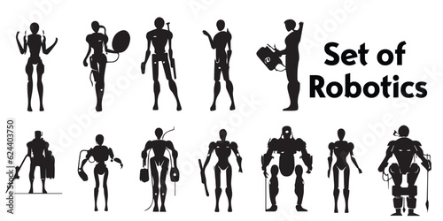 Set of Silhouette Robotics vector collection. Robotics design art. Robot. Iron robot vector.