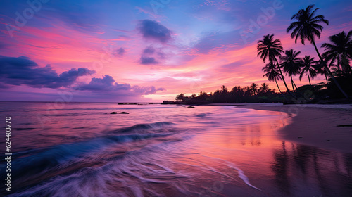Paisaje de atardecer en una playa con palmeras y colores de tonos malvas y rosas. Ilustracion de Ia generativa