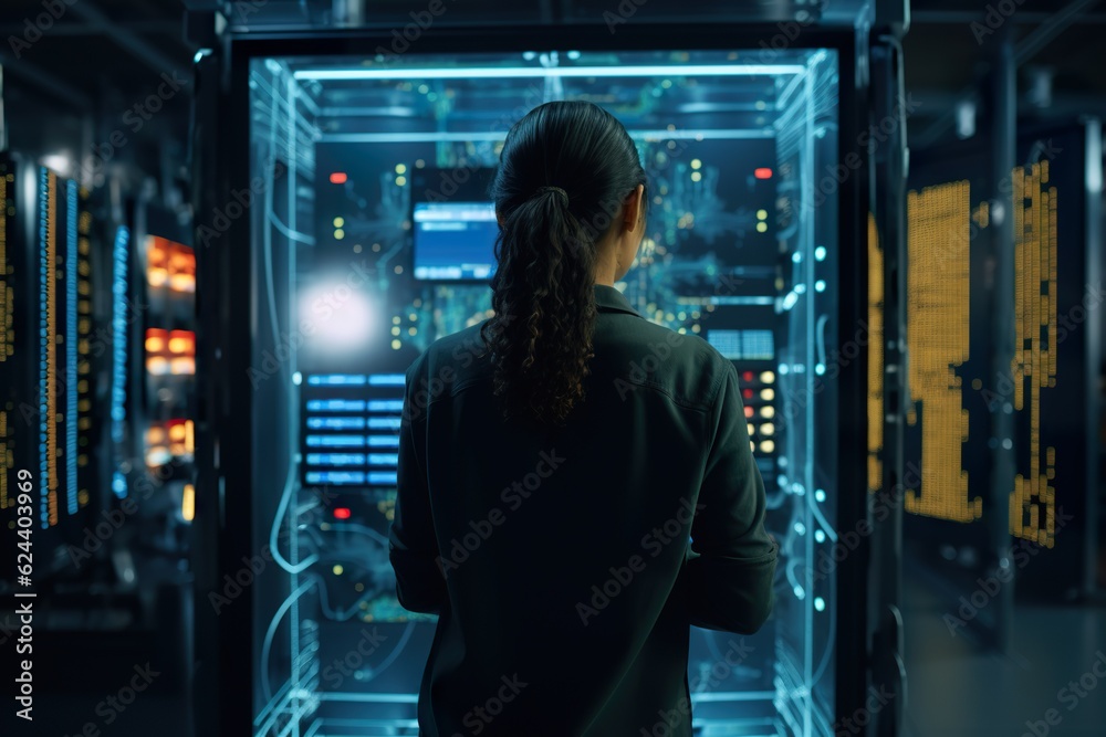 Successful people Data Center IT Specialist back view Using Tablet Computer, Turning Augmented VFX Visualization on Server Farm Cloud Computing Facility Successful people Data Center IT Specialist back view Using Tablet Computer, Turning Augmented VFX Visualization on Server Farm Cloud Computing Facility