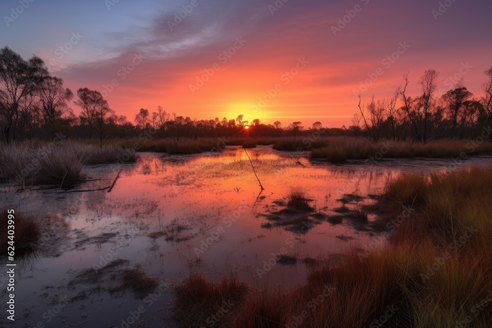 wetland with sunrise, the sky glowing orange and pink, created with generative ai