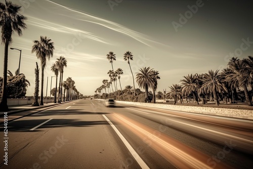 illustration of road traffic among palm trees.