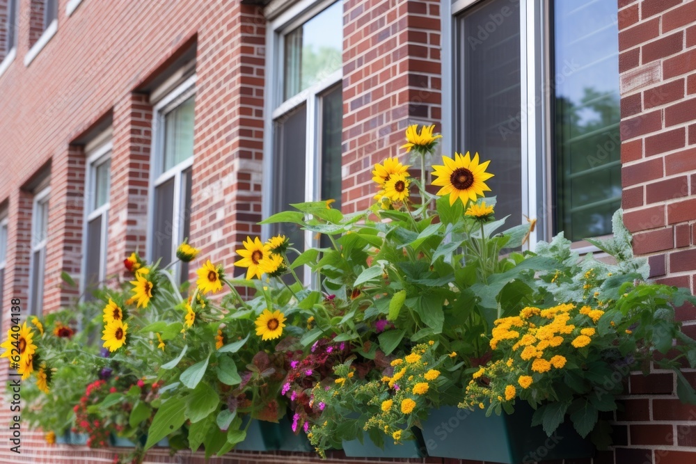 a window garden with blooming sunflowers, bringing warmth and color to a gray apartment building, created with generative ai a window garden with blooming sunflowers, bringing warmth and color to a gray apartment building, created with generative ai