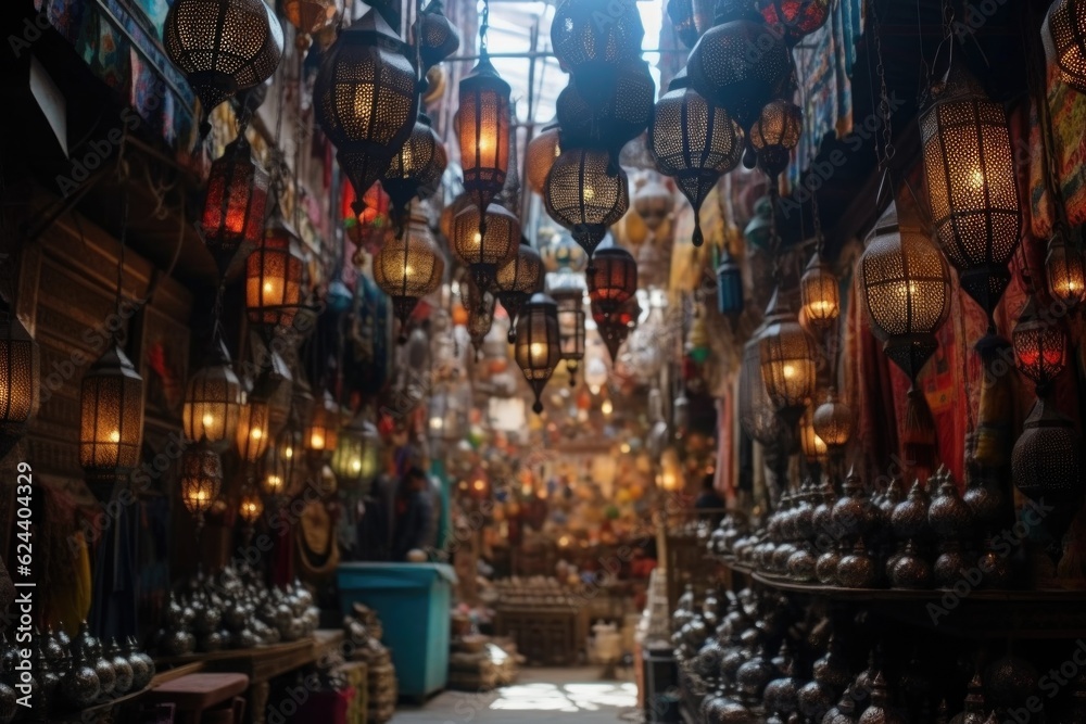 lanterns hanging in a moroccan market, created with generative ai