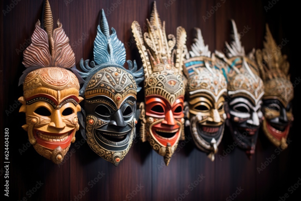 traditional balinese masks in a row, created with generative ai