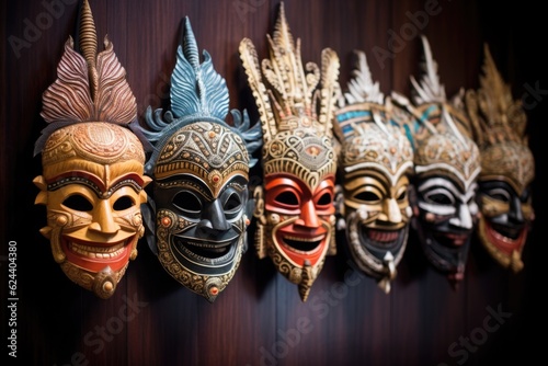 traditional balinese masks in a row, created with generative ai