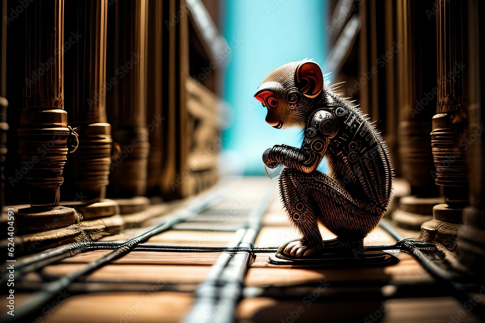 Obraz premium Chimpanzee standing in front of a futuristic background holding. Generative AI.