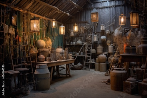 rustic workshop with unfinished lanterns  created with generative ai