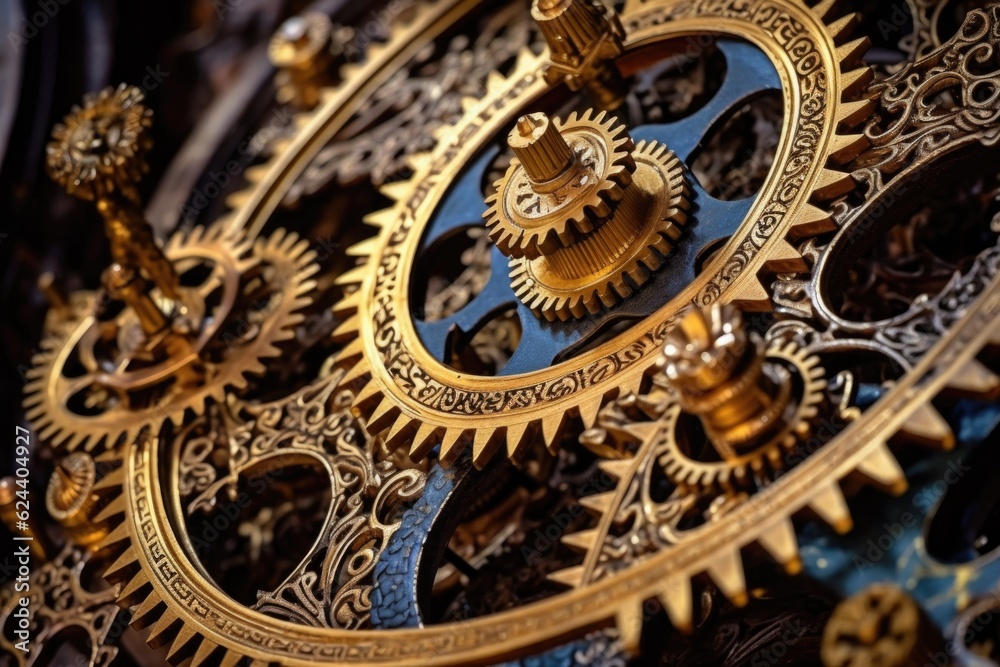 close-up of intricate gears and cogs in clock mechanism, created with generative ai