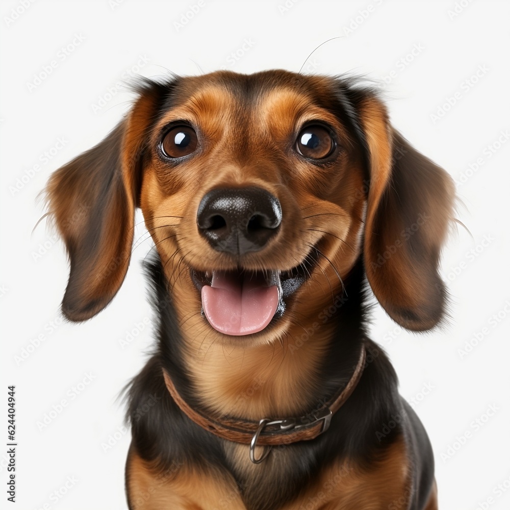Cute playful doggy or pet is playing and looking happy isolated on transparent background. dachshund young dog is posing. Cute, happy crazy dog headshot smiling on transparent,