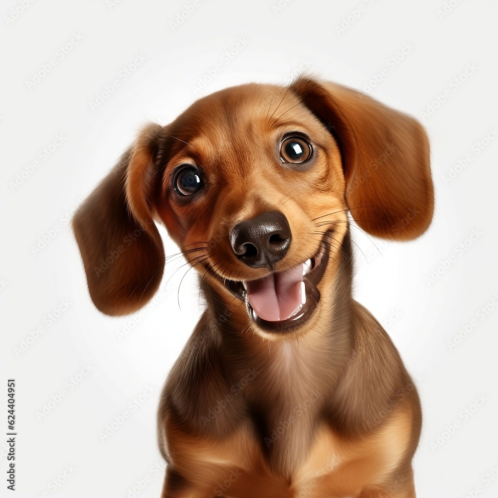 Cute playful doggy or pet is playing and looking happy isolated on transparent background. dachshund young dog is posing. Cute, happy crazy dog headshot smiling on transparent,
