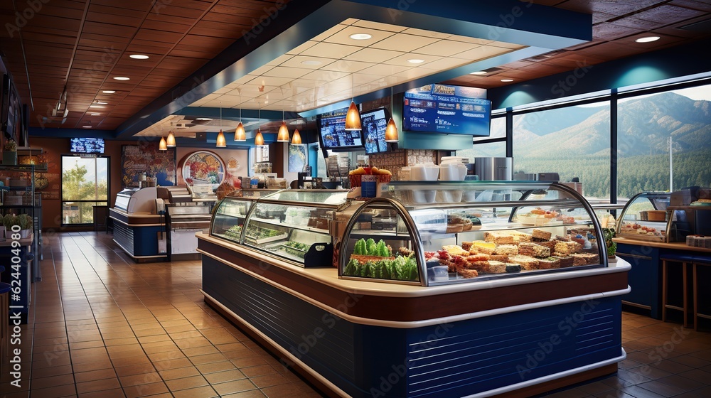 Fast food restaurant, shop store interior view