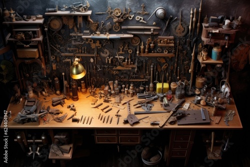 top view of a craftsmans workbench with knife components and tools, created with generative ai