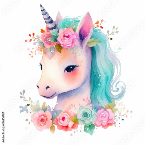 Watercolor illustration of a unicorn decorated with flowers in pastel shades for textile or object prints