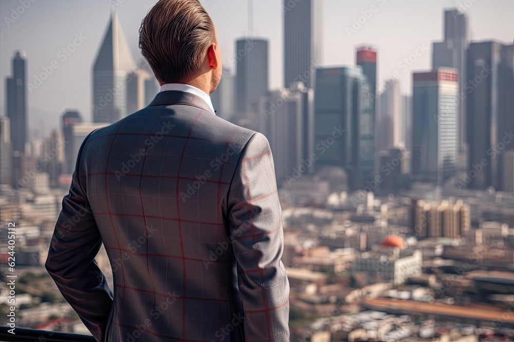 Handsome Businessman in Suit with City Skyline Background. Success and Professional Concept Handsome Businessman in Suit with City Skyline Background. Success and Professional Concept