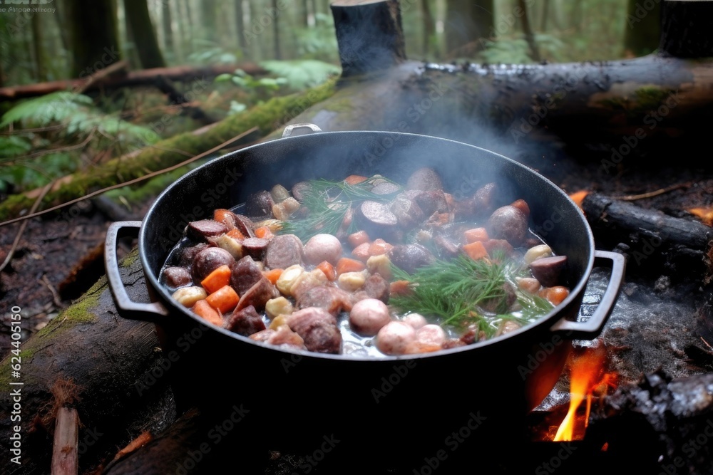 dutch oven stew in the making, surrounded by ingredients, created with generative ai dutch oven stew in the making, surrounded by ingredients, created with generative ai