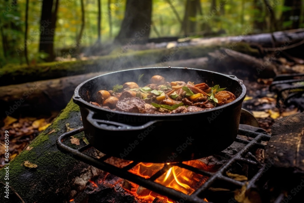 dutch oven stew in nature, campfire cooking, created with generative ai dutch oven stew in nature, campfire cooking, created with generative ai