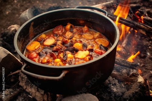 open dutch oven revealing hearty stew inside, created with generative ai