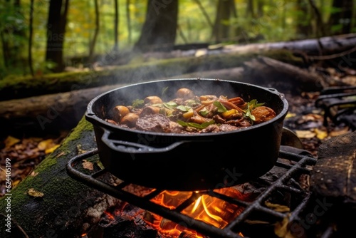 dutch oven stew in nature, campfire cooking, created with generative ai