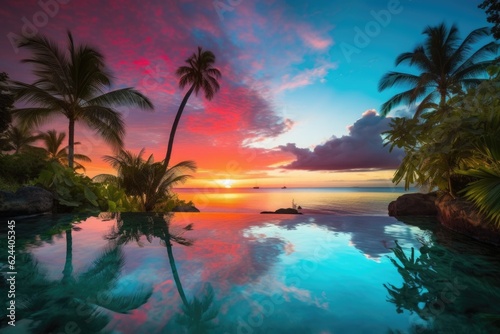 colorful sunset over a lush tropical paradise  surrounded by palm trees and clear blue waters  created with generative ai