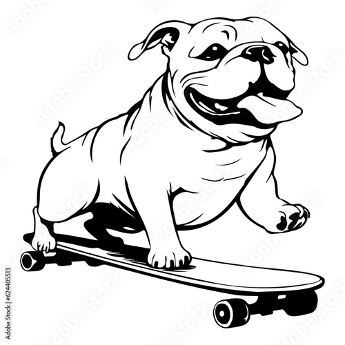Funny and cute bulldog on a skateboard, Skateboarding dog.