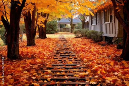 autumn leaves creating a path in a well-kept yard  created with generative ai