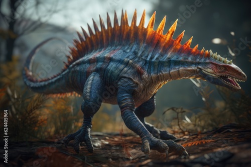 Full body view of Spinosaurus against a prehistoric forest. Dinosaur filmic and realistic illustration.