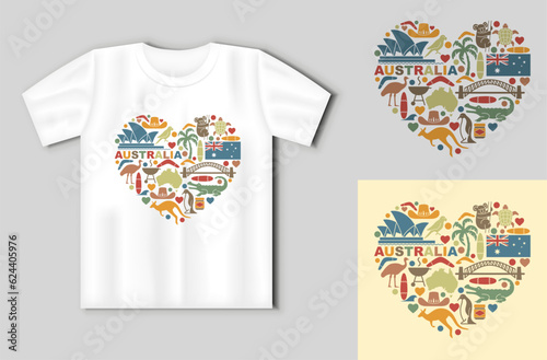 Symbols of Australia in the form of heart. Travel concept with t-shirt mockup