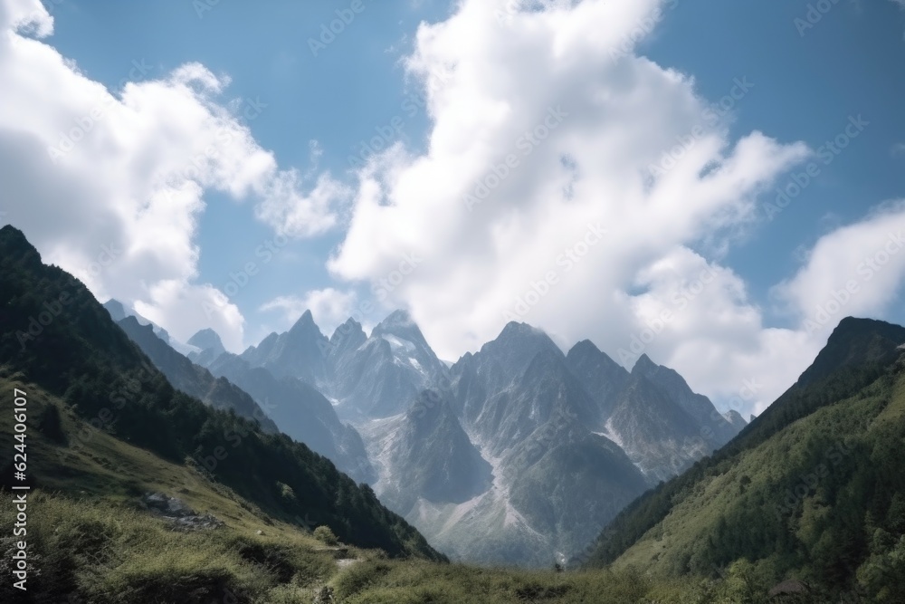 majestic mountain range, with clouds and blue sky in the background, created with generative ai