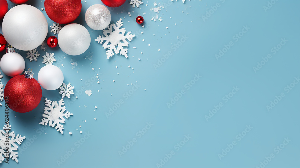 Christmas white and red ornaments and gifts on blue background top view. Winter xmas holiday theme. Flat lay, Blurry background, template, Bokeh, Copy Space, Generative AI Christmas white and red ornaments and gifts on blue background top view. Winter xmas holiday theme. Flat lay, Blurry background, template, Bokeh, Copy Space, Generative AI