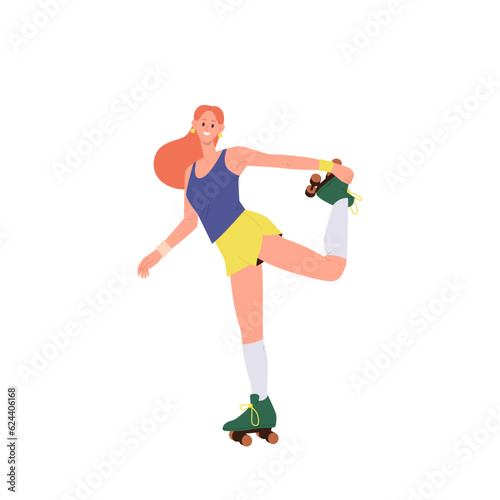 Young teenager woman cartoon character roller skating enjoying summer extreme sport outdoors