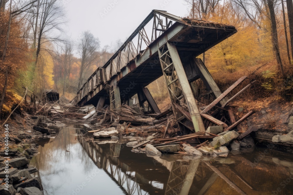 collapsed bridge with broken support beams, created with generative ai